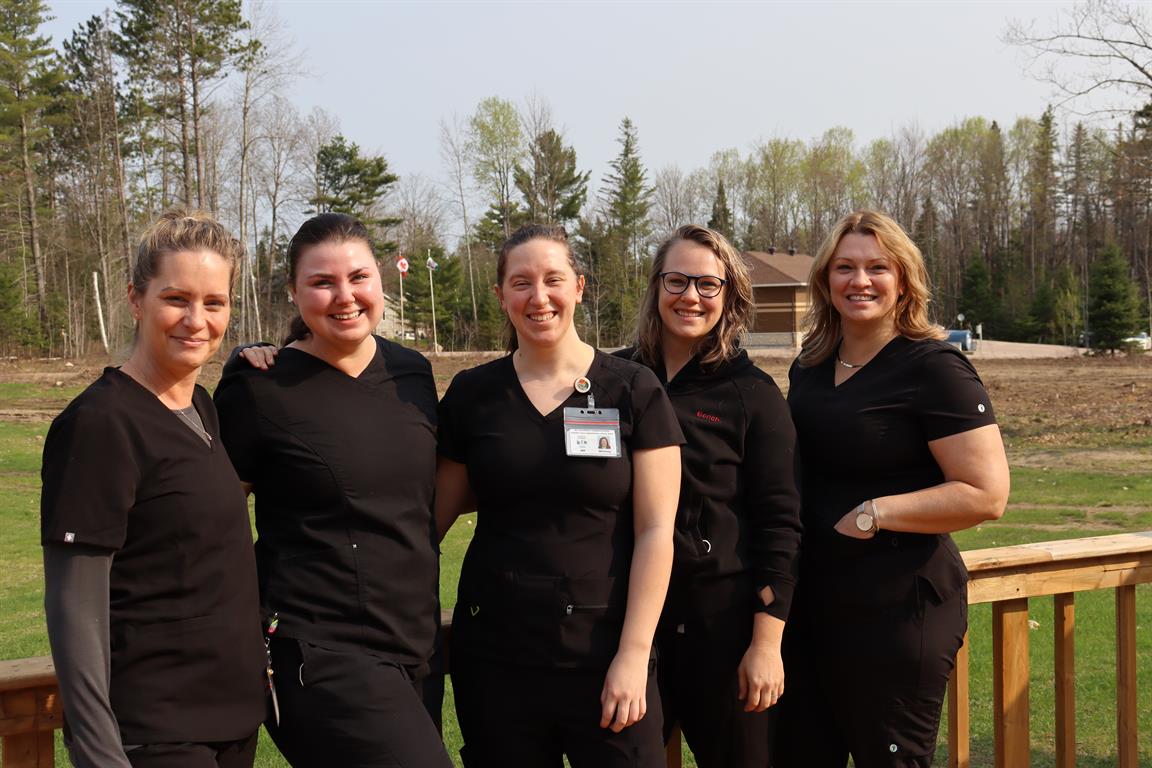 Pictured here are DRDH nursing team members Brandy Bruce, RPN, Erin Dempster, RPN, Whitney Green, RN, Madison Magne, Manager of Clinical Services – Acute Care, and Alana Hawley, Infection Prevention and Control & Occupational Health.