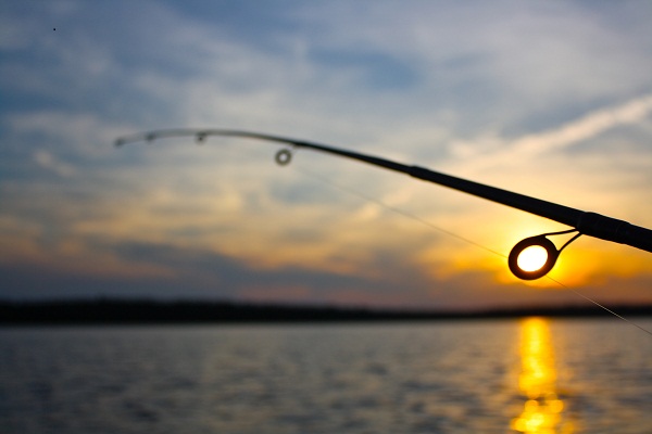 Fishing rod at sunset over river