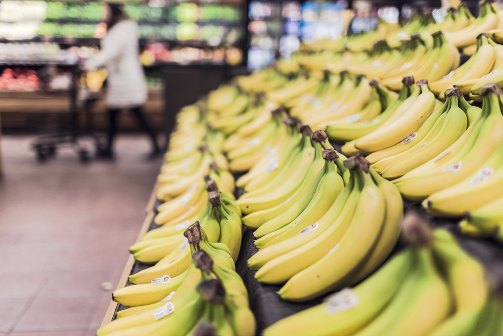 Close up of bananas in a grocery store