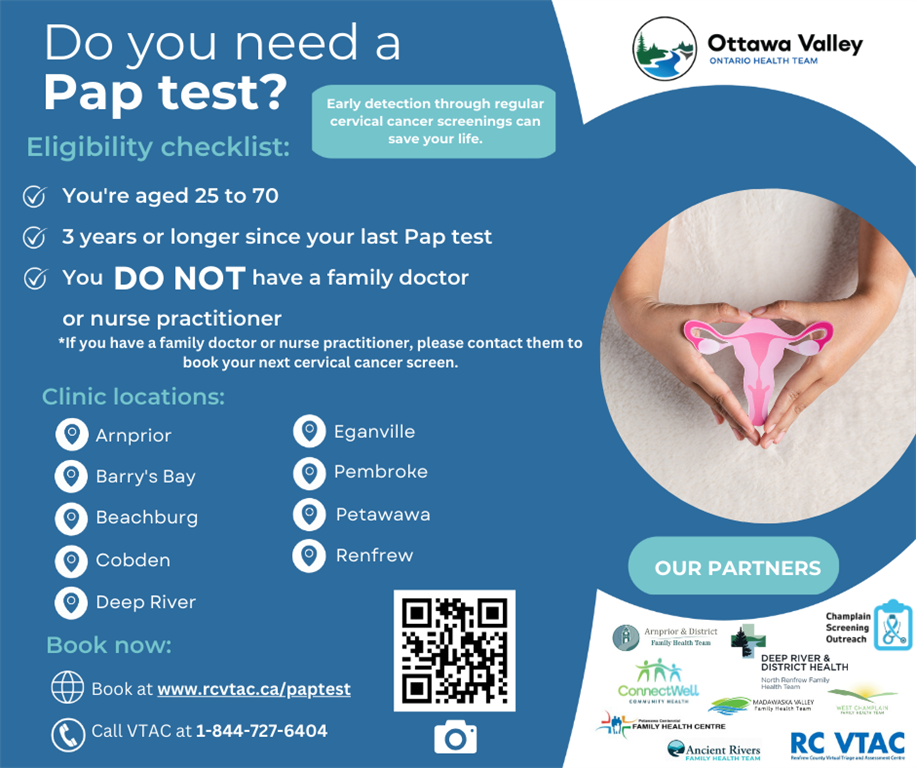 Book your Pap test online at: rcvtac.ca/paptest or call VTAC at 1-844-727-6404.
